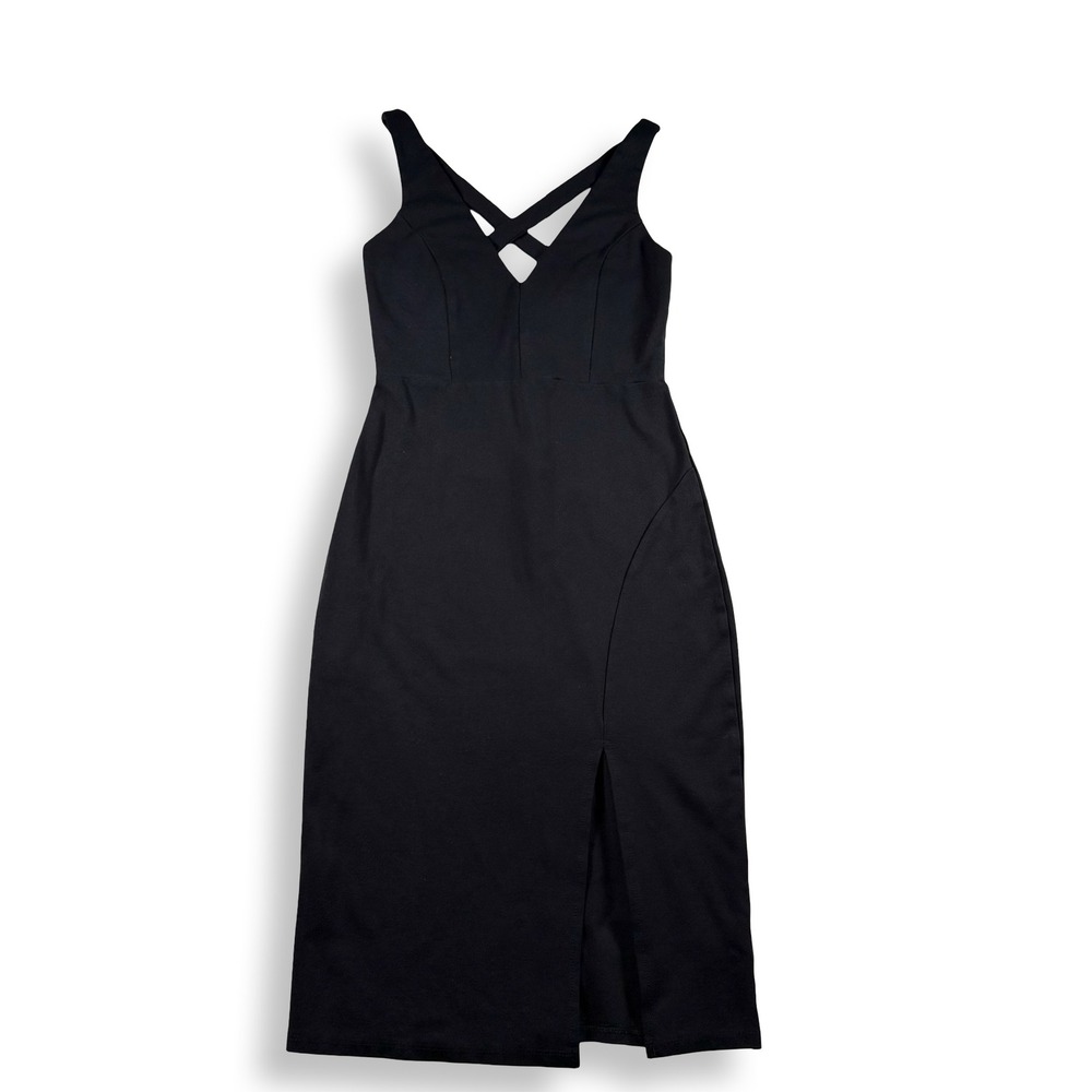 Lulus‎ Black Midi Dress Crisscross Back Front Slit Bodycon V-Neck Medium USA